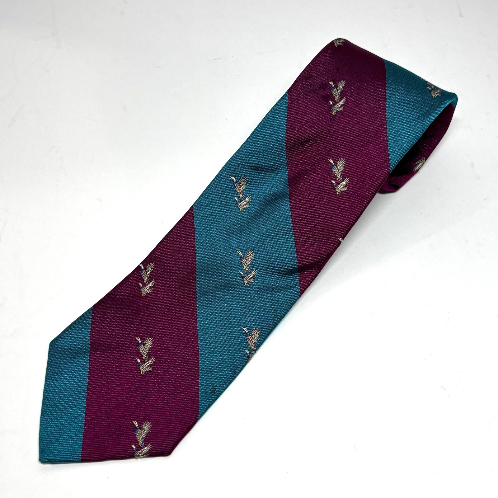 Chatham Ltd Necktie Mens Os Teal Burgundy Mallard Duck Stripe Silk Handmade